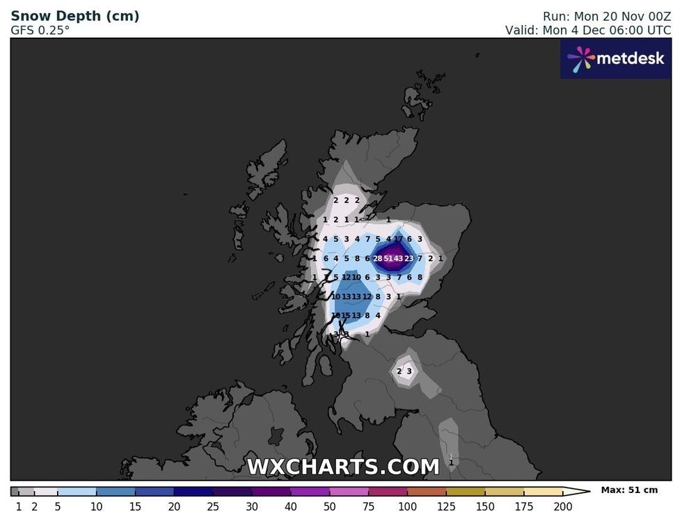 Snow depth across Scotland on December 4