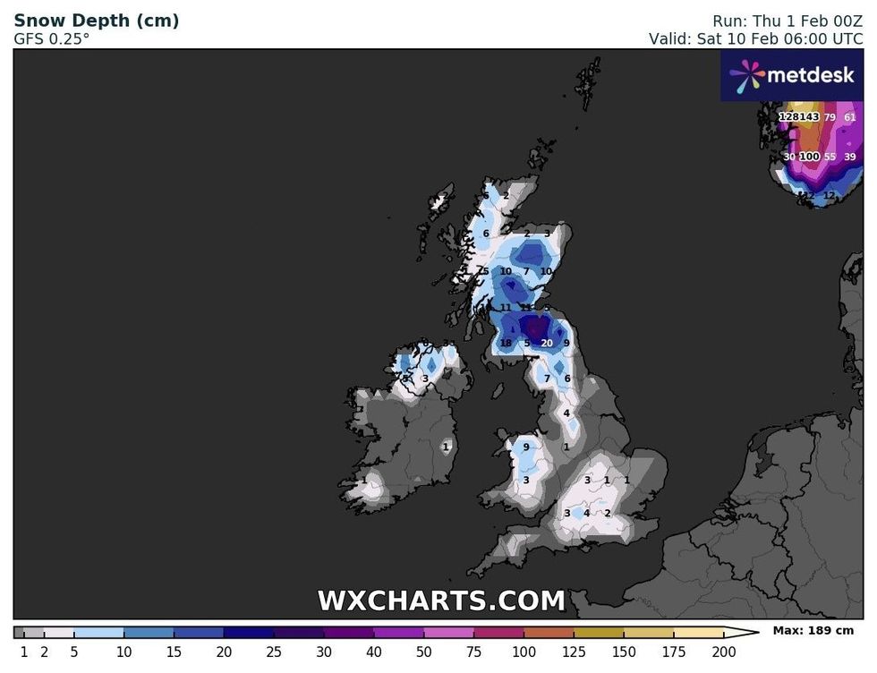 Snow depth across the UK on February 10