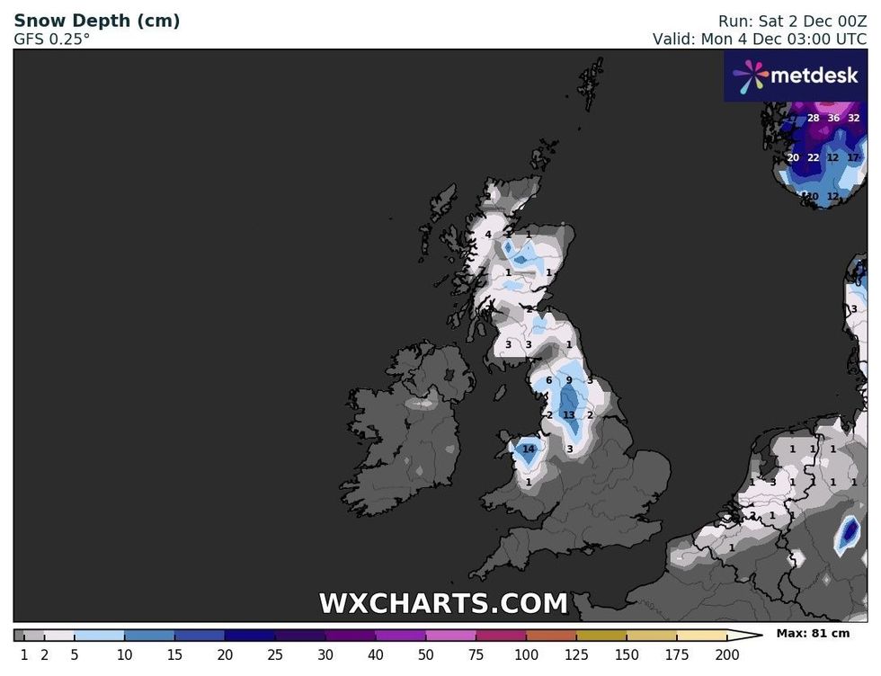 Snow depth on Monday