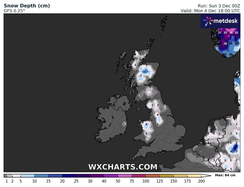 Snow depth on Monday