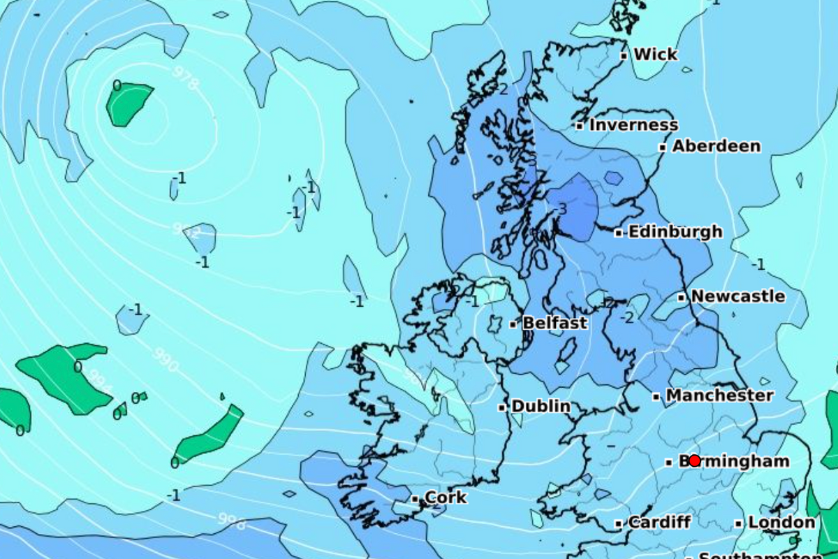 Snow moving across from Ireland to Britain
