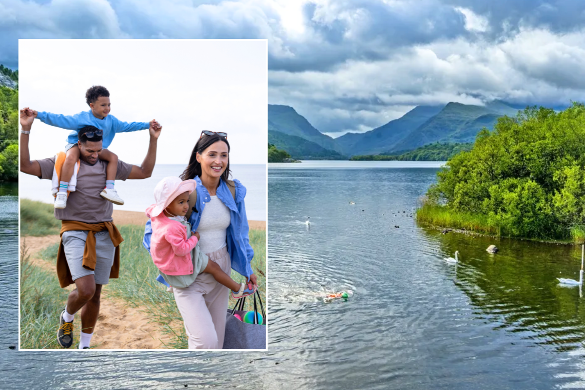 Snowdonia lake and mountains / family on walk