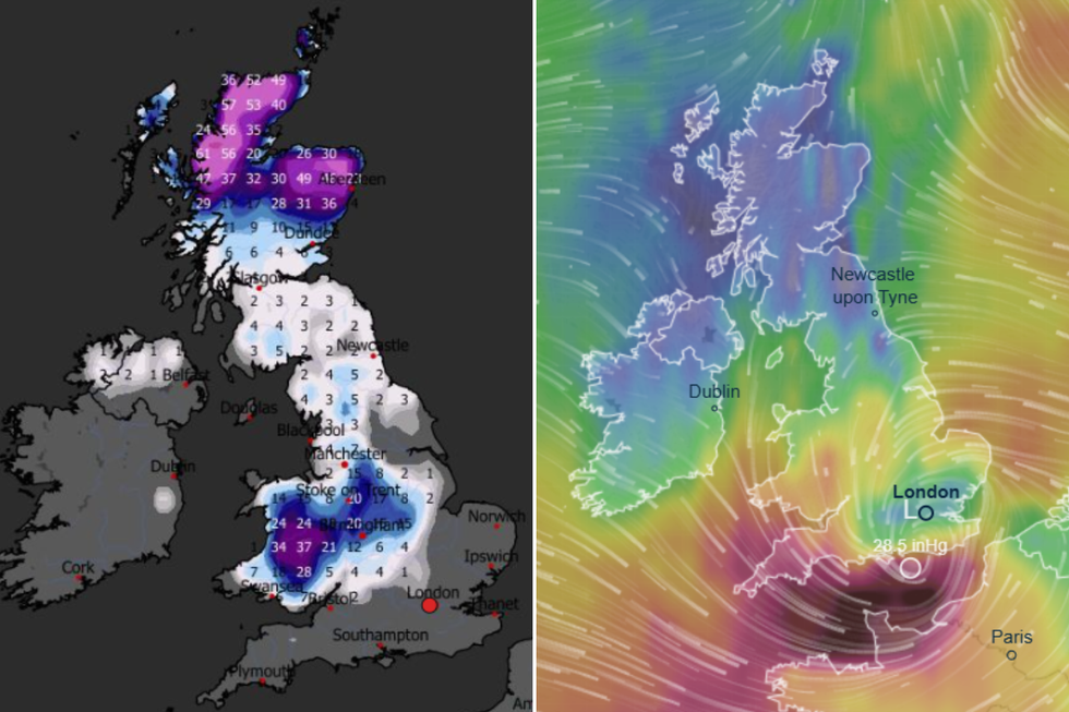 Snowfall and wind speed maps UK