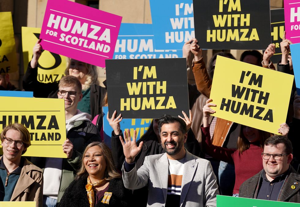 SNP leadership candidate Humza Yousaf alongside Kaukab Stewart whilst meeting students from the Glasgow University Scottish Nationalist Association