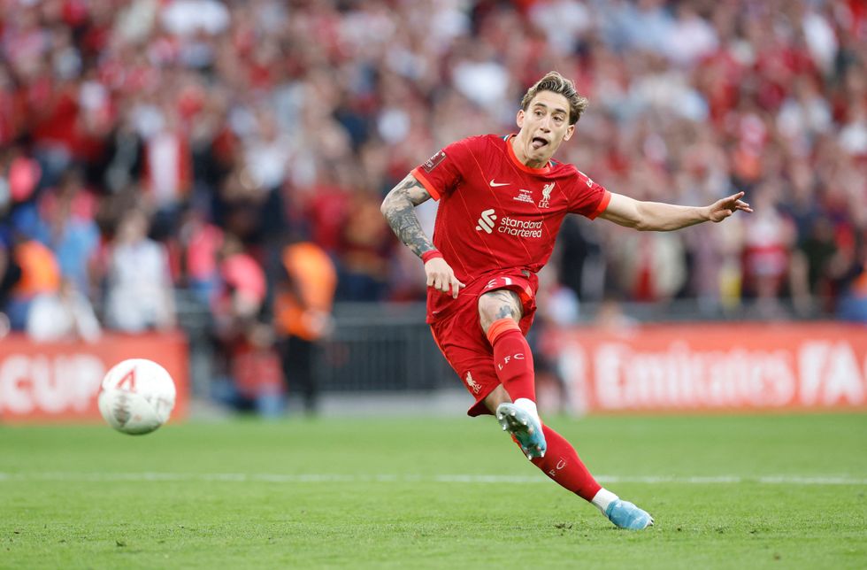Soccer Football - FA Cup - Final - Chelsea v Liverpool - Wembley Stadium, London, Britain - May 14, 2022 Liverpool's Kostas Tsimikas scores the winning penalty in the shoot-out Action Images via Reuters/Peter Cziborra
