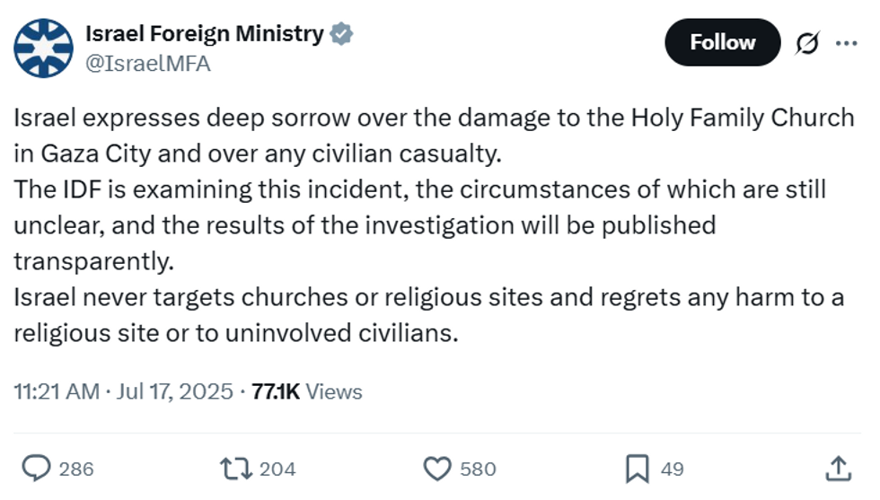 Social media post made by Israel's Foreign Ministry