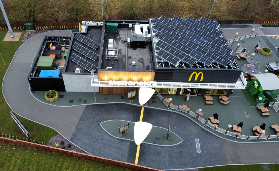 Solar panels are seen at the UK's first ever net zero emissions McDonald's restaurant, in Market Drayton