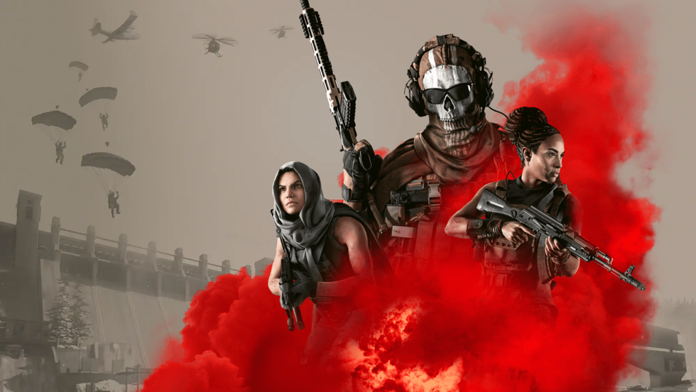 soldiers pictured in the red smoke with gun from call of duty warzone