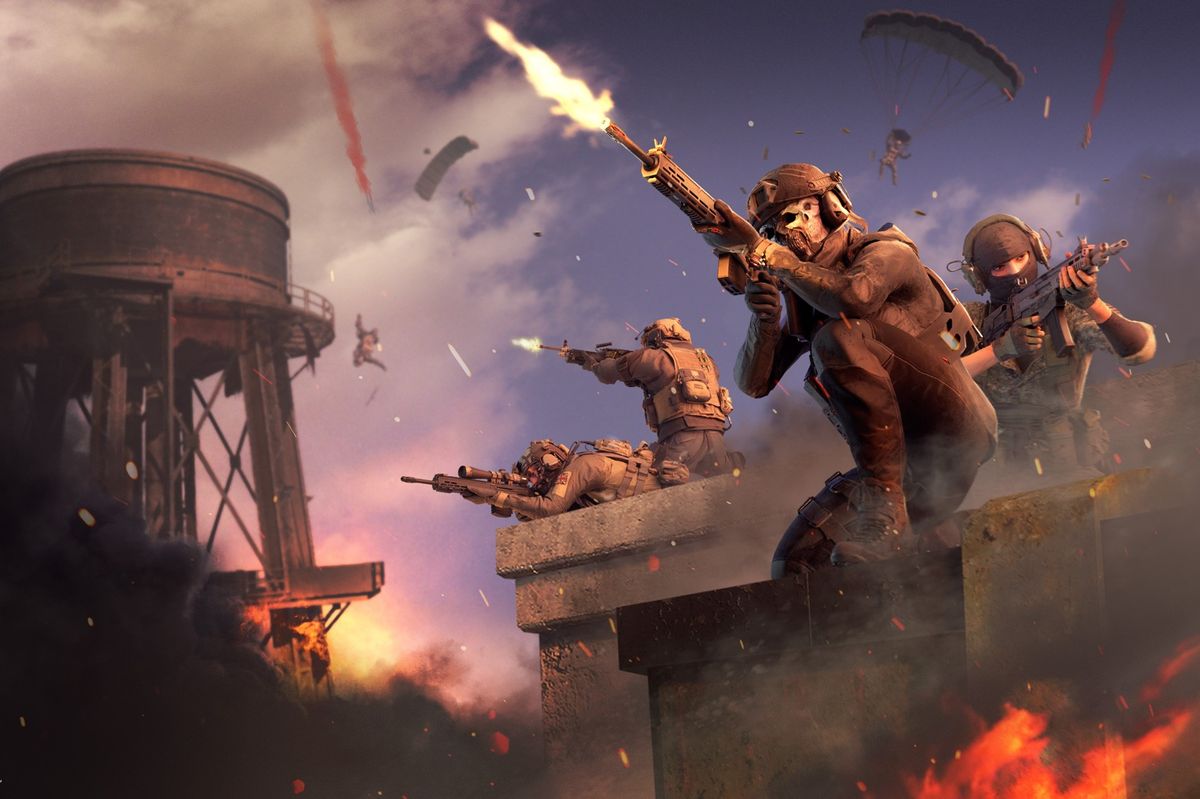 soldiers pictured on a wall firing into the sky during a game of warzone