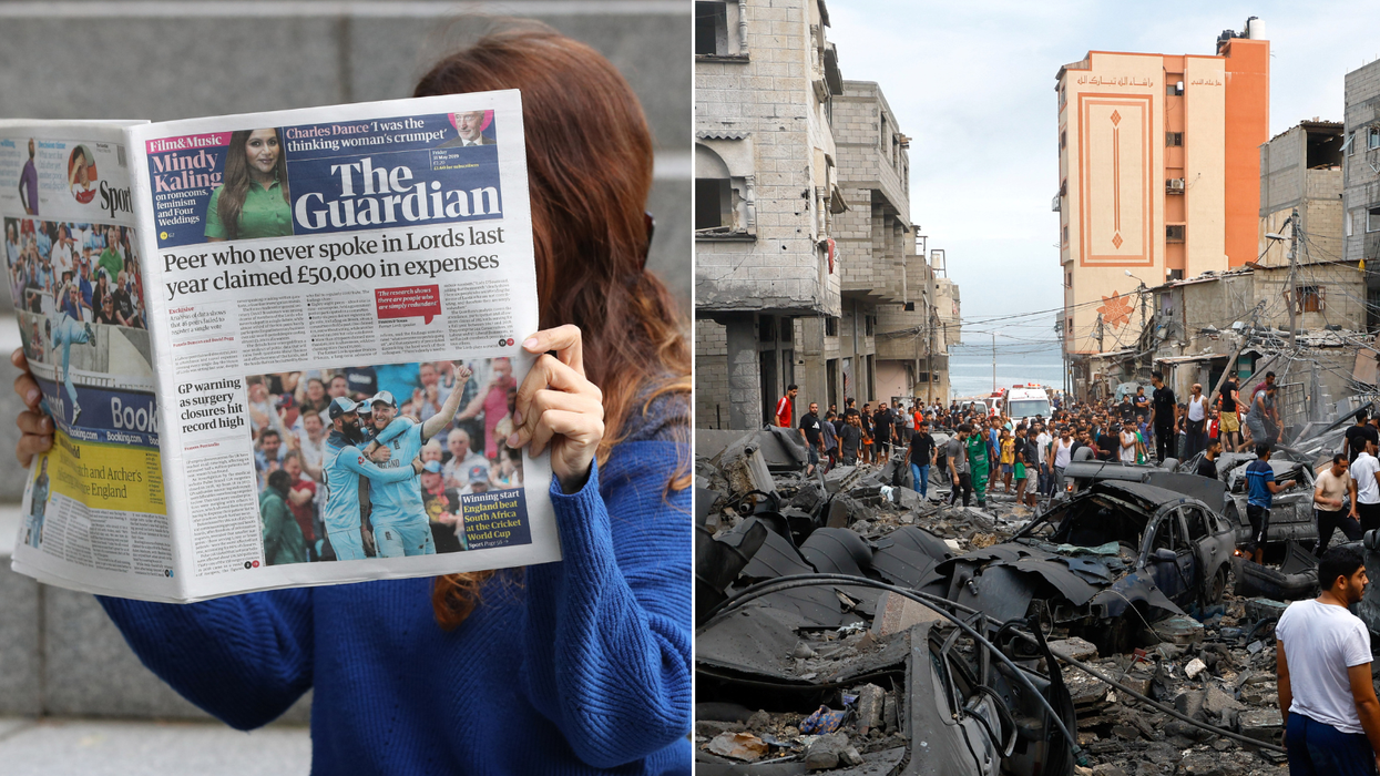Someone reading the Guardian/Ruins in Gaza