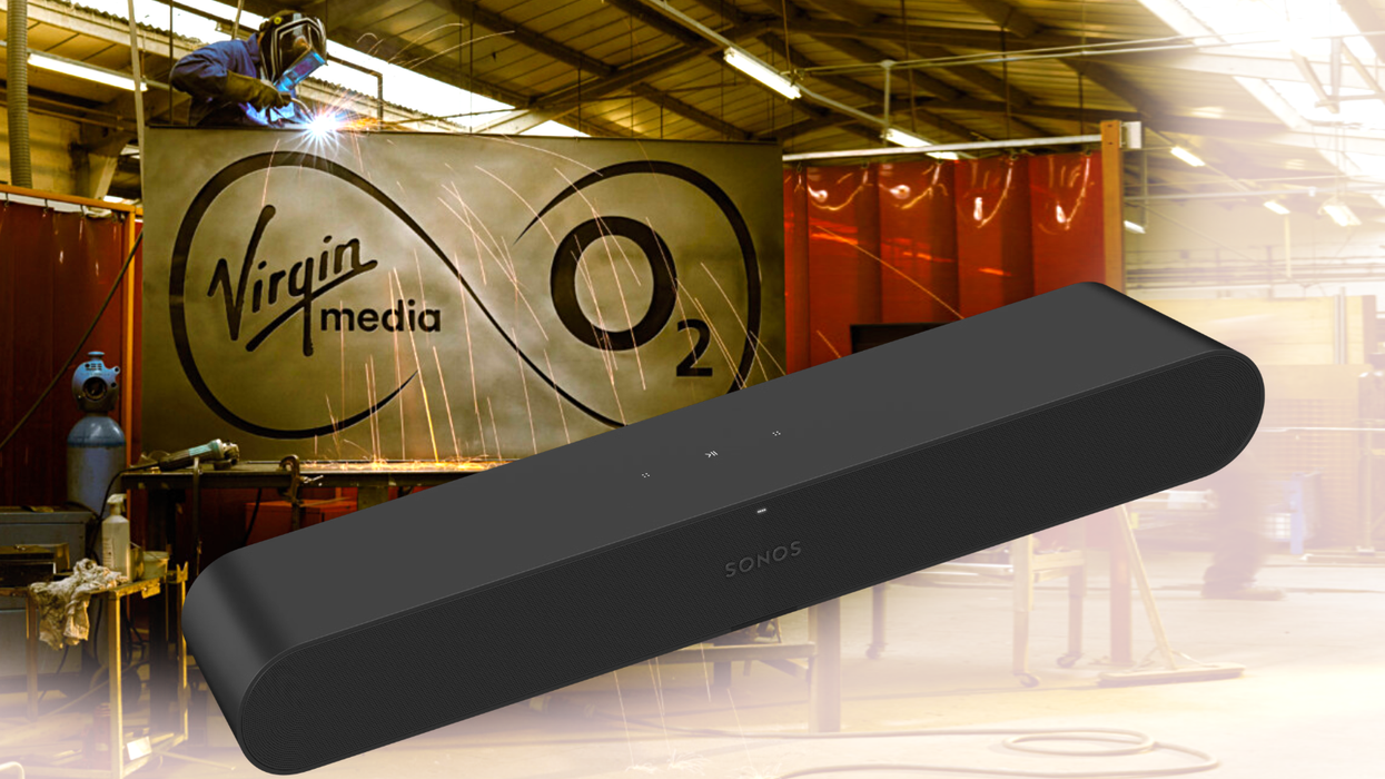 sonos ray in the foreground with the virgin media o2 logo in the background