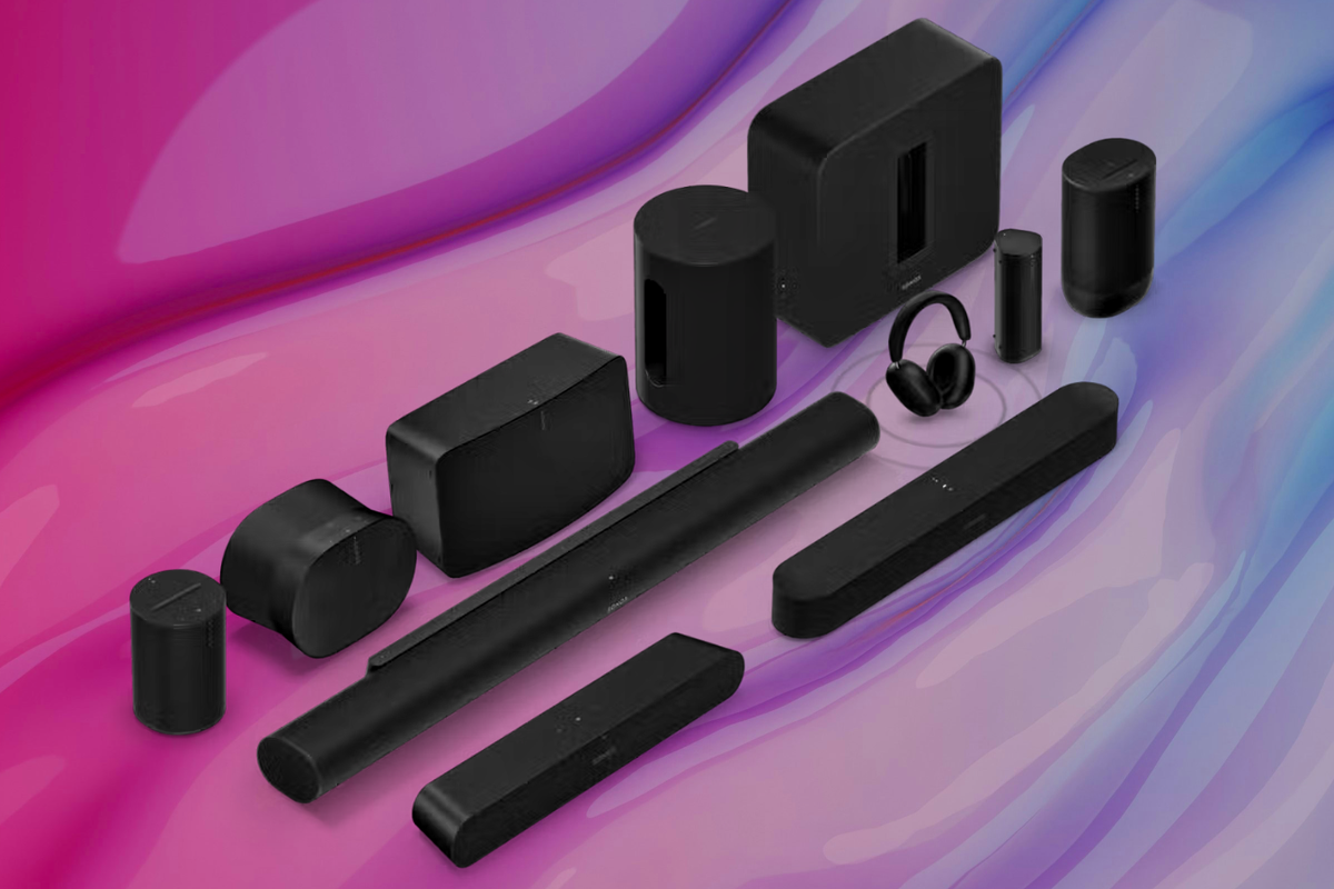 sonos speaker and soundbar range with a colourful background