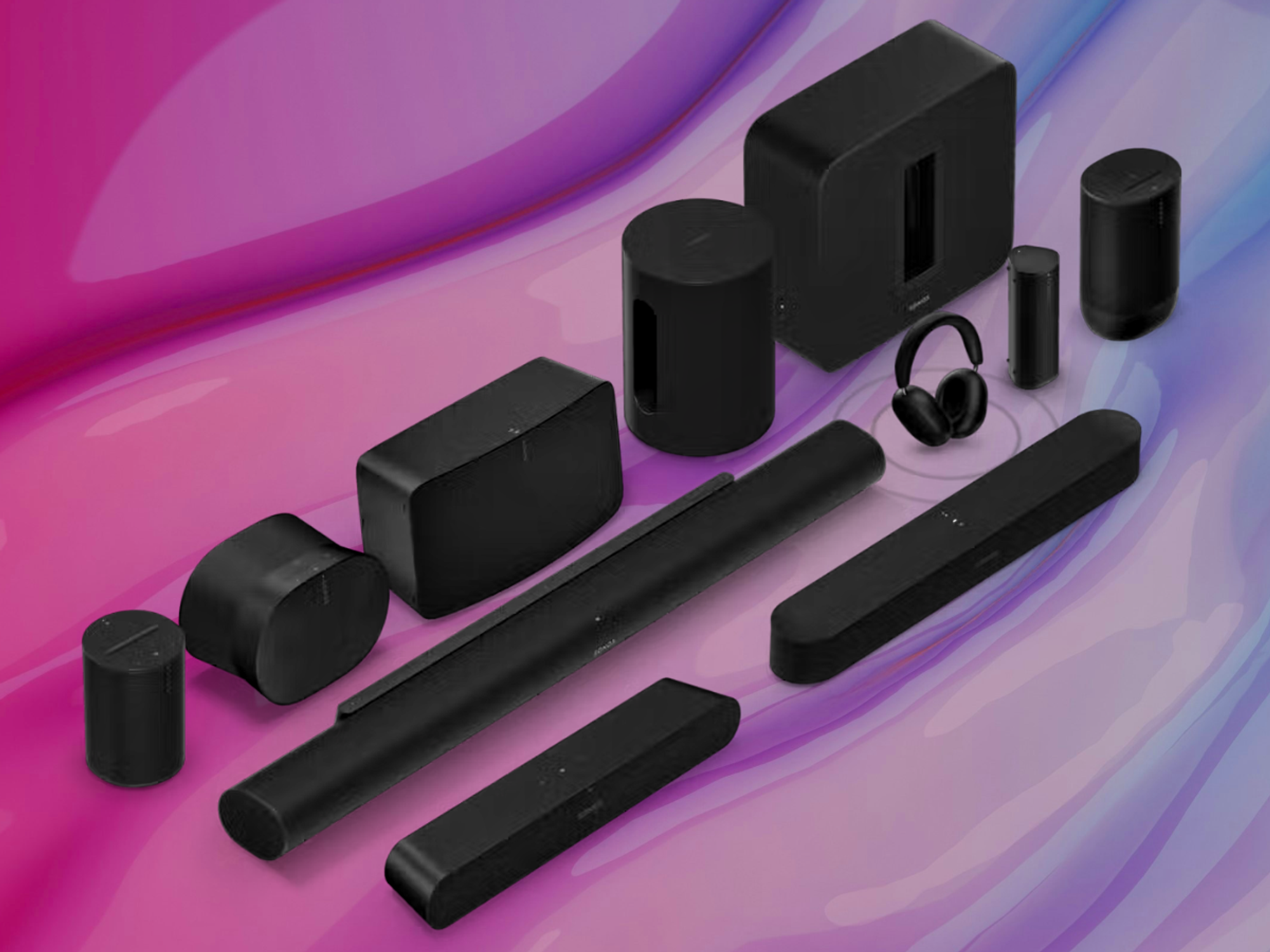 sonos speaker and soundbar range with a colourful background