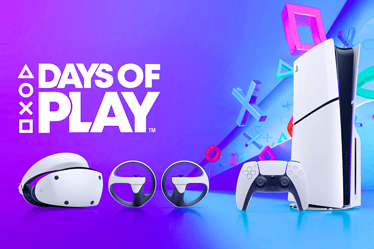 Sony Days Of Play promotional poster showing PS5 Standard Edition and accessories on a colourful background
