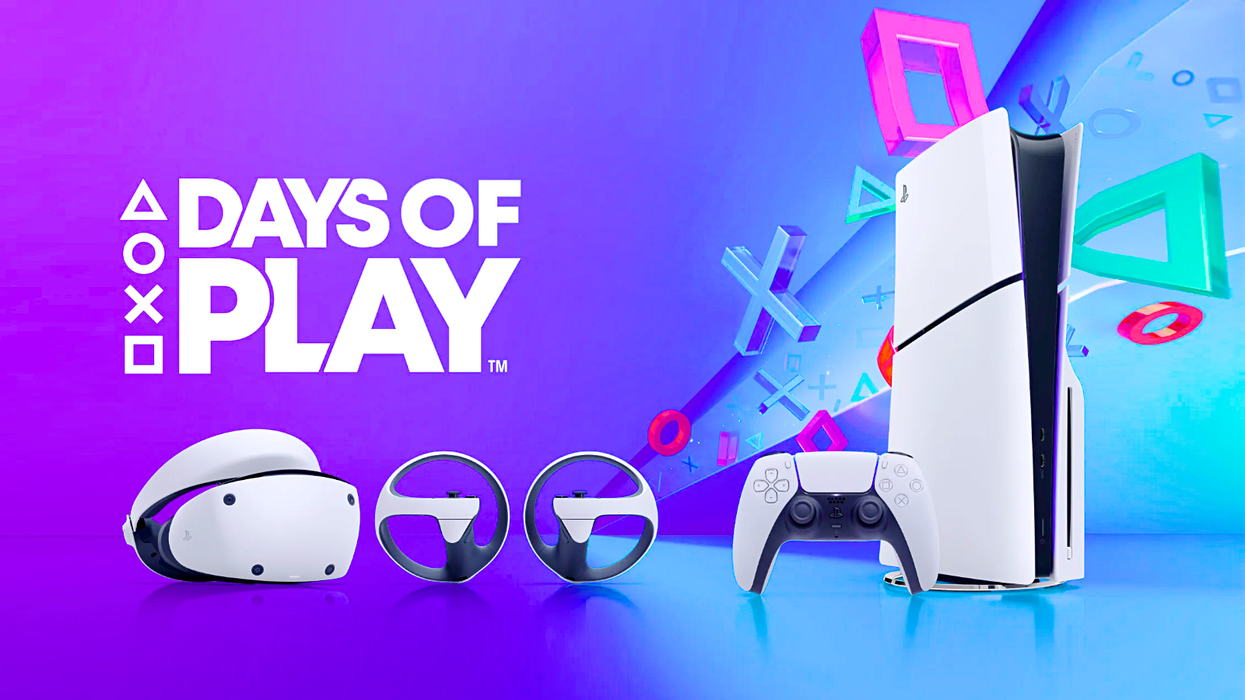 Sony Days Of Play promotional poster showing PS5 Standard Edition and accessories on a colourful background