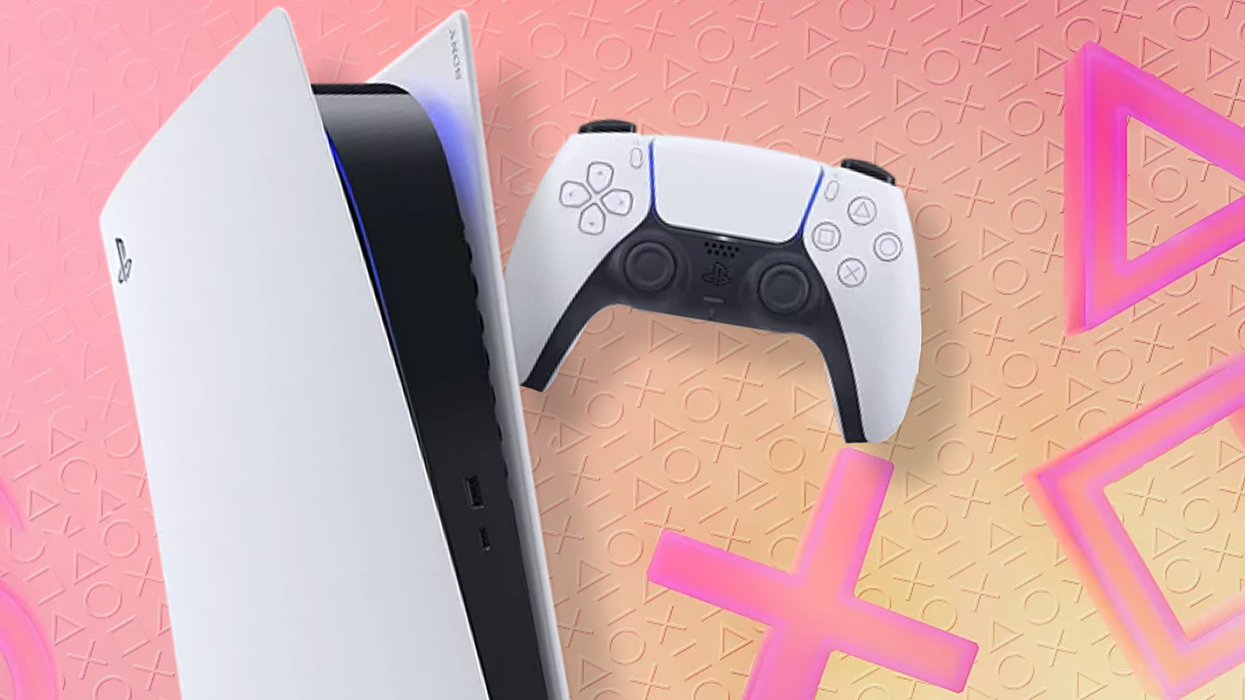 Sony PlayStation 5 console with DualSense controller with the Summer Sale banner in the background