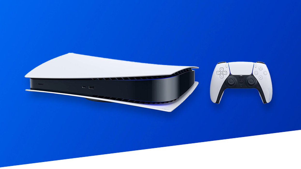 Sony PlayStation 5 Digital Edition pictured on its side with a blue background in trademark Sony colours