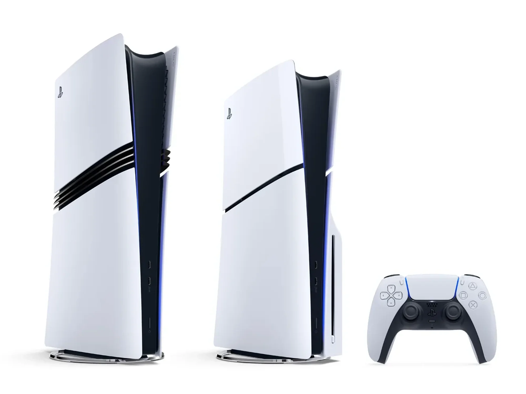 sony playstation 5 pro standing next to a regular ps5 console