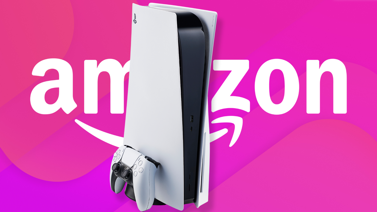 sony ps5 console pictured with dualsense wireless controller on a pink background