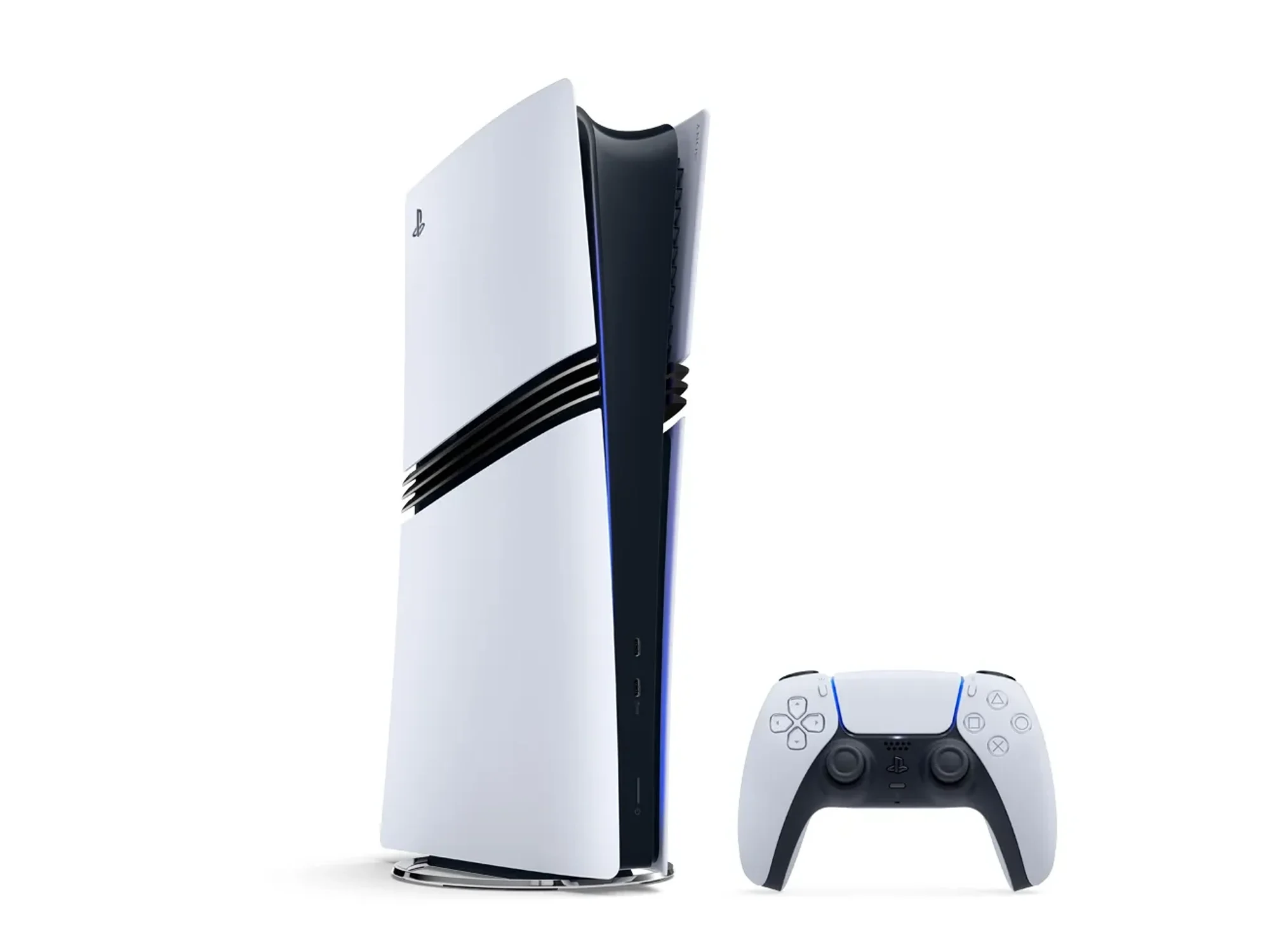 sony ps5 console pictured with white background and wireless controller beside it