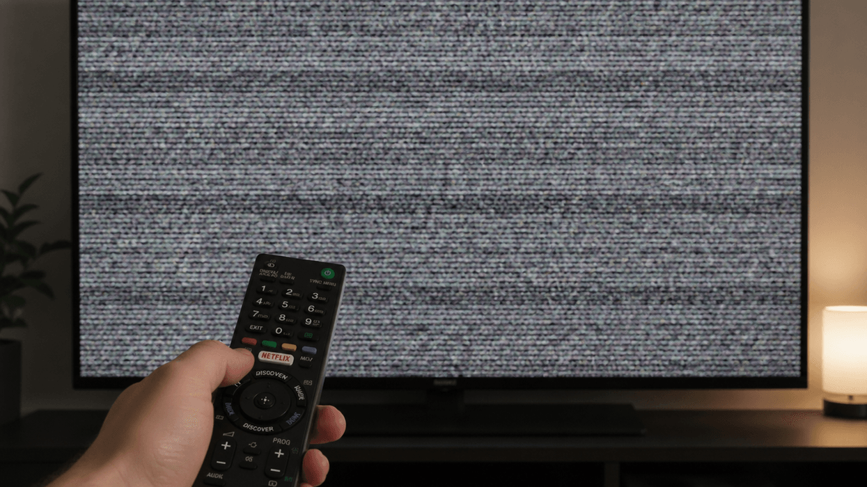 Sony TV remote pointed towards a TV with a grey screen
