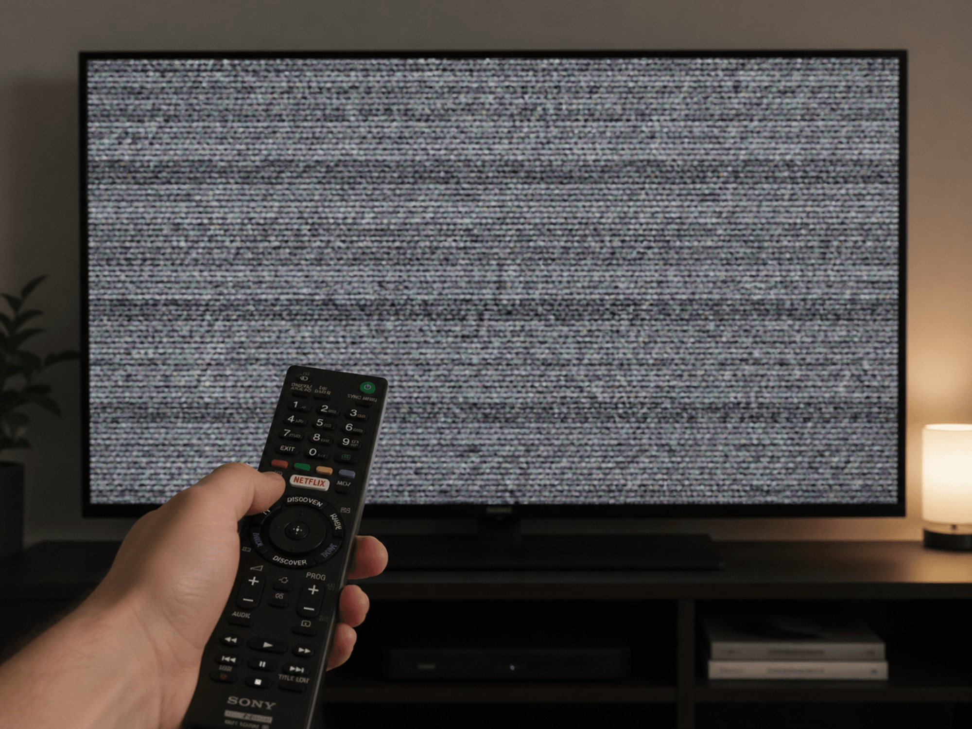 Sony TV remote pointed towards a TV with a grey screen