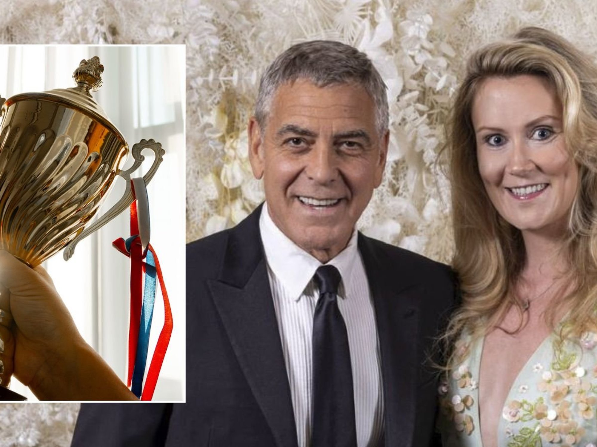 Sophia Hayes and George Clooney at award show, trophy