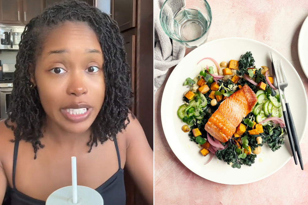 Soraya talking to followers; Salmon and salad on a plate