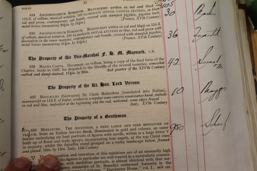 Sotheby's auction catalogue listing that wrongly categorises the original issue 1300 Magna Carta as a copy.