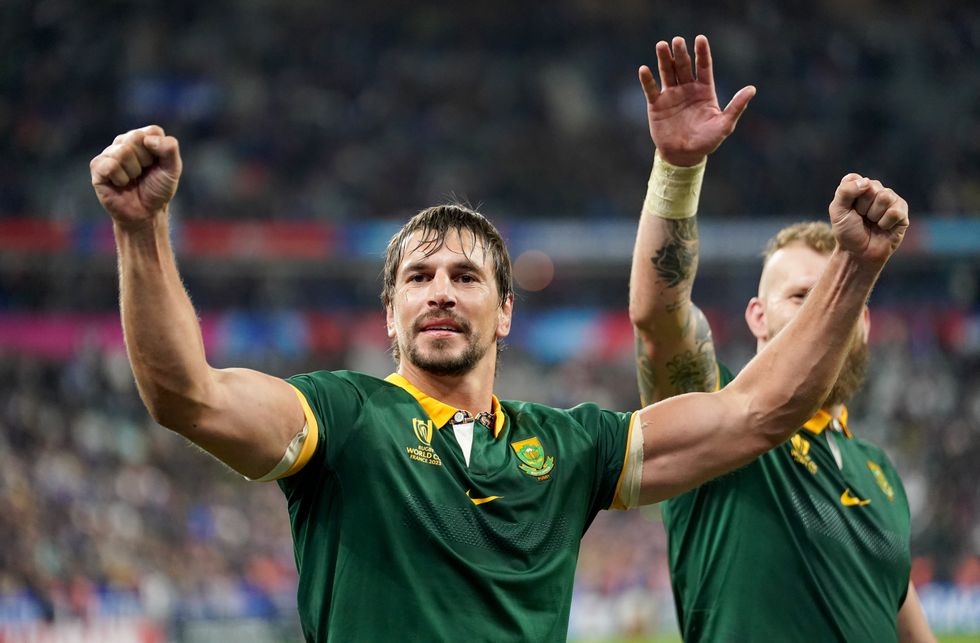 South Africa's Eben Etzebeth celebrates following the Rugby World Cup 2023 quarter final match at the Stade de France, Saint-Denis