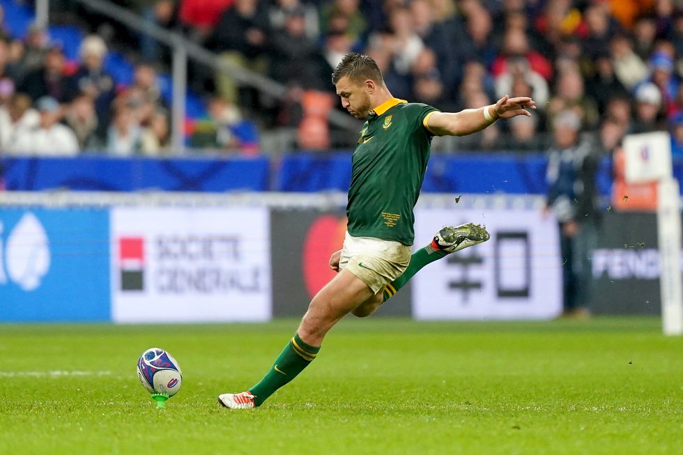 South Africa's Handre Pollard kicks a penalty during the Rugby World Cup, semi final match at the Stade de France