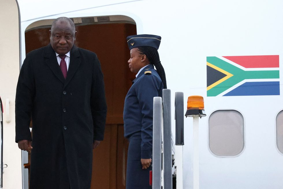 South African President Cyril Ramaphosa arrives at Stansted airport, in Stansted, Britain, November 21, 2022. REUTERS/Henry Nicholls