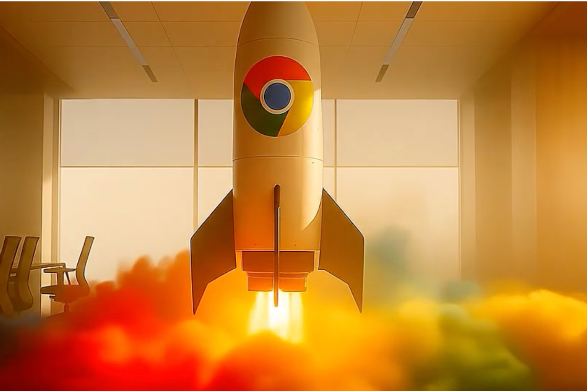 Spaceship with Google logo taking off