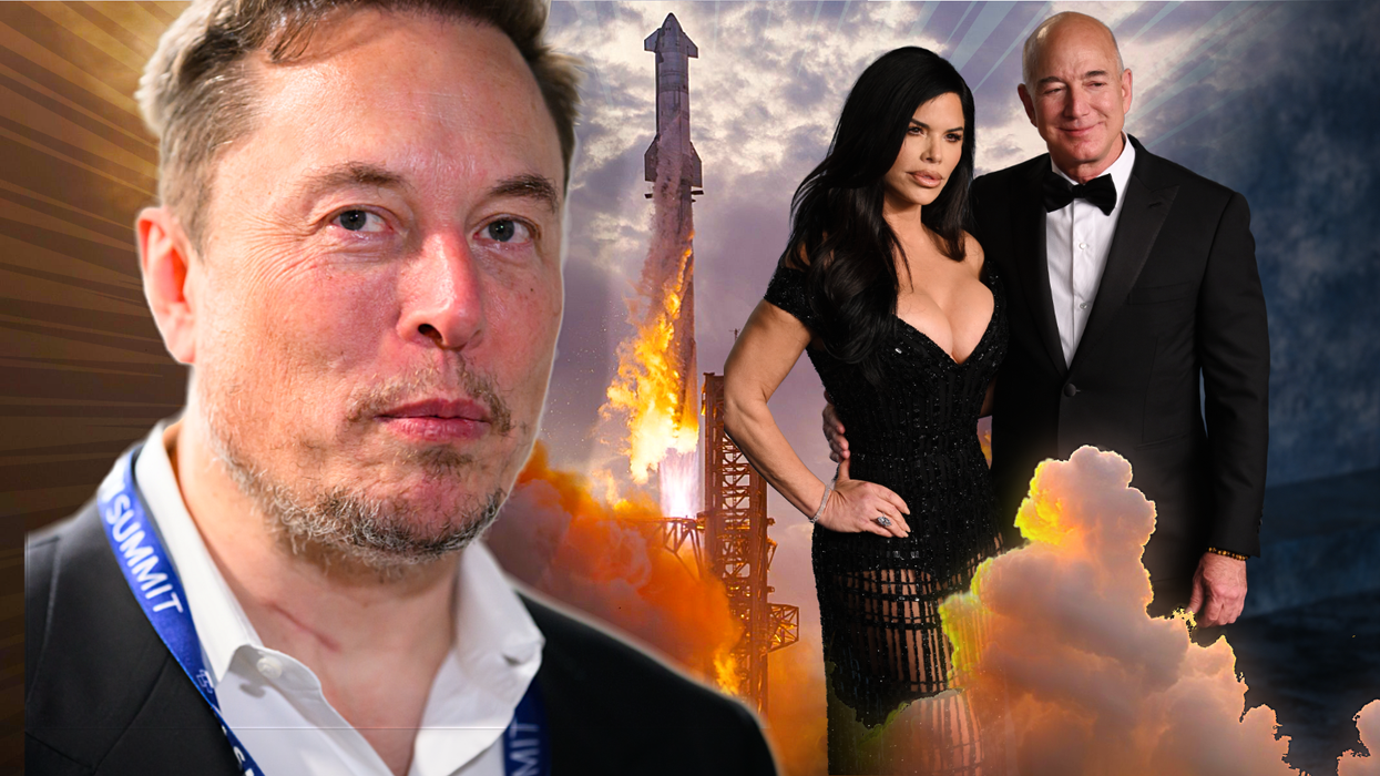 SpaceX CEO Elon Musk pictured side by side with Jeff Bezos and financé Lauren Sanchez with a SpaceX Heavy Falcon rocket taking off in the background