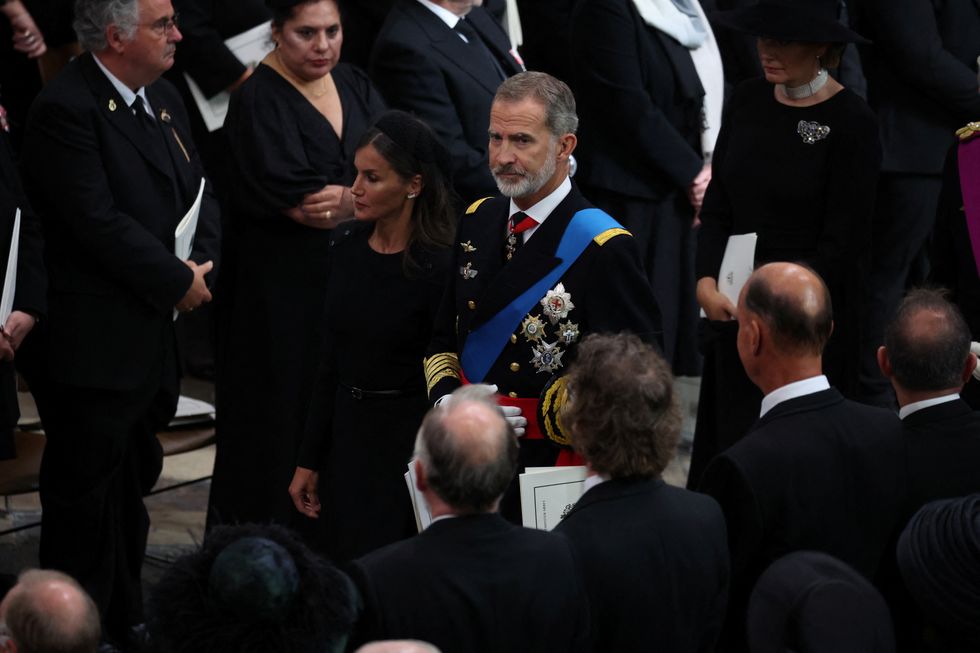 Spain's King Felipe and Queen Letizia attend, on the day of the state funeral and burial of Britain's Queen Elizabeth, at Westminster Abbey in London, Britain, September 19, 2022.   REUTERS/Phil Noble/Pool