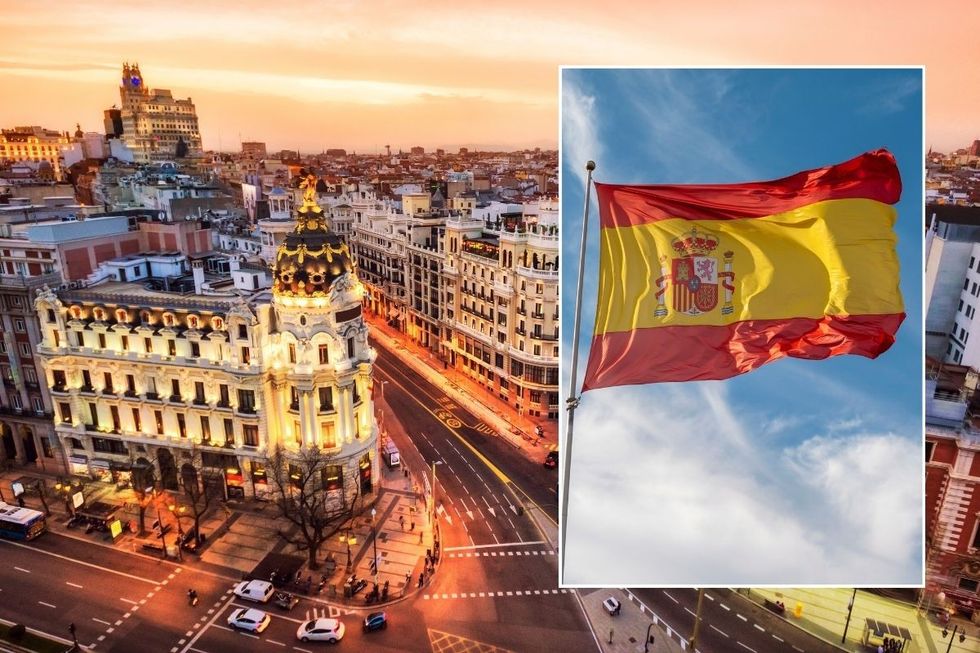 Spain street and flag