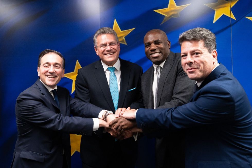 Spanish Foreign Minister Jose Albares, Maros Sefcovic, UK Foreign Secretary David Lammy and Gibraltarian Chief Minister Fabian Picardo pose after the 'surrender' deal