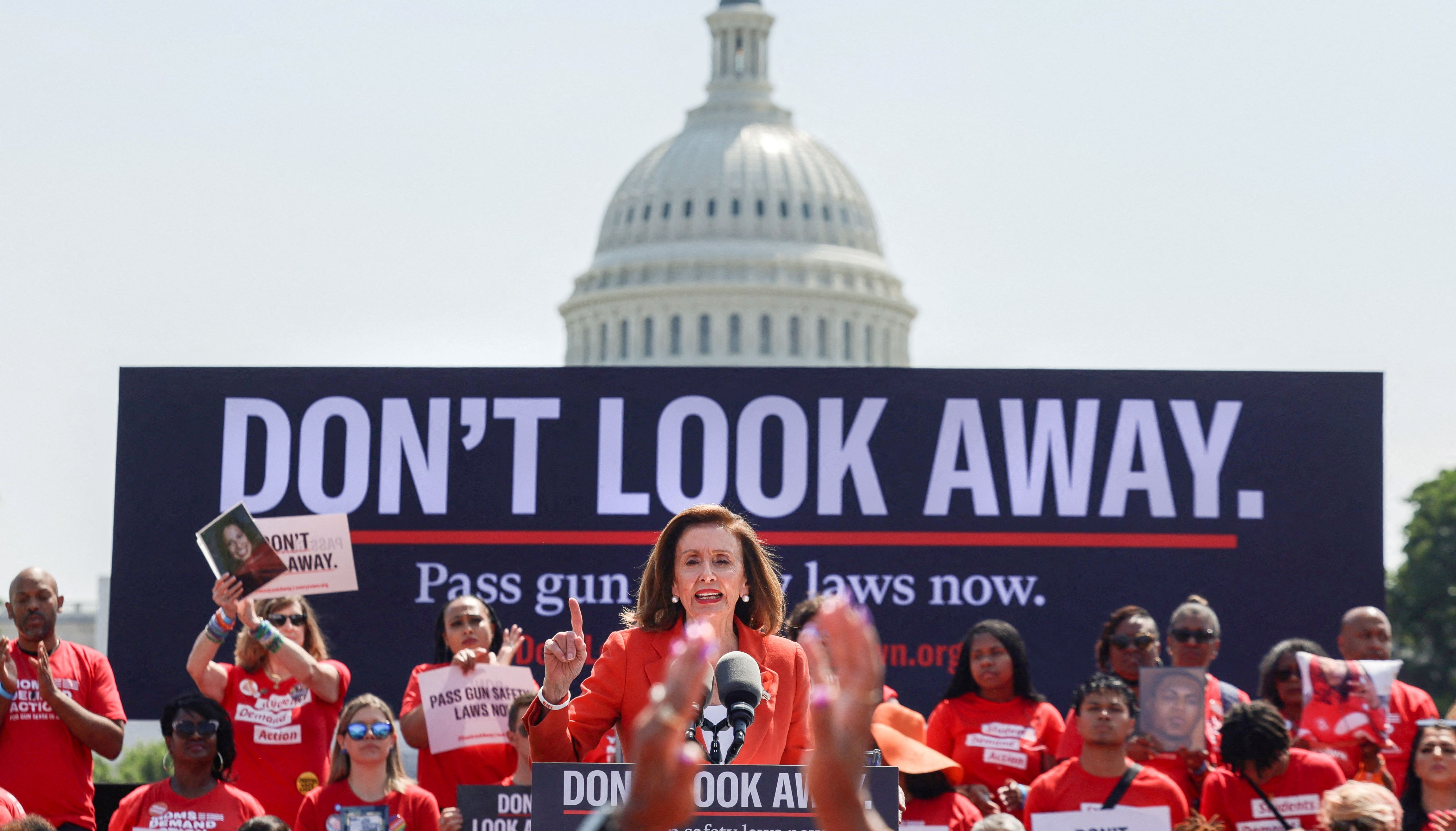 Speaker of the House Nancy Pelosi (D-CA) speaks at a rally with gun violence prevention organisations, gun violence survivors and hundreds of gun safety supporters demanding gun legislation, outside the United States Capitol in Washington.