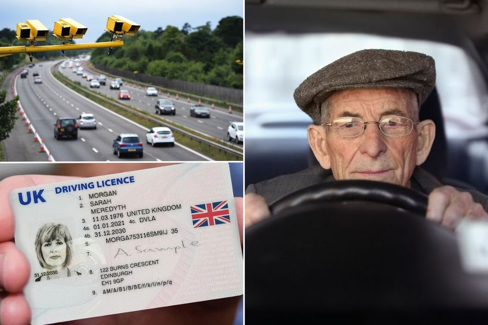 Speed cameras overlooking a UK motorway, an elderly man driving a car and a UK driving licence