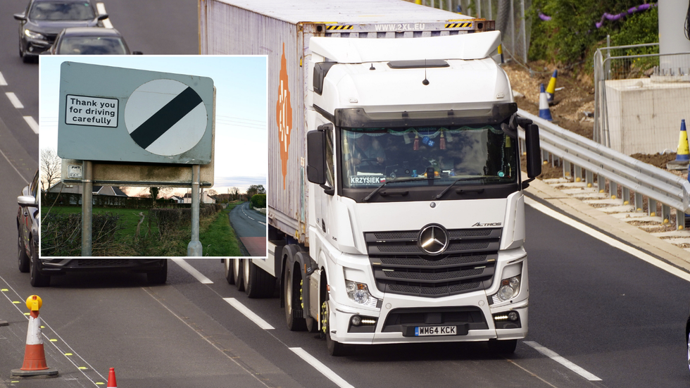 speed limit sign and a HGV