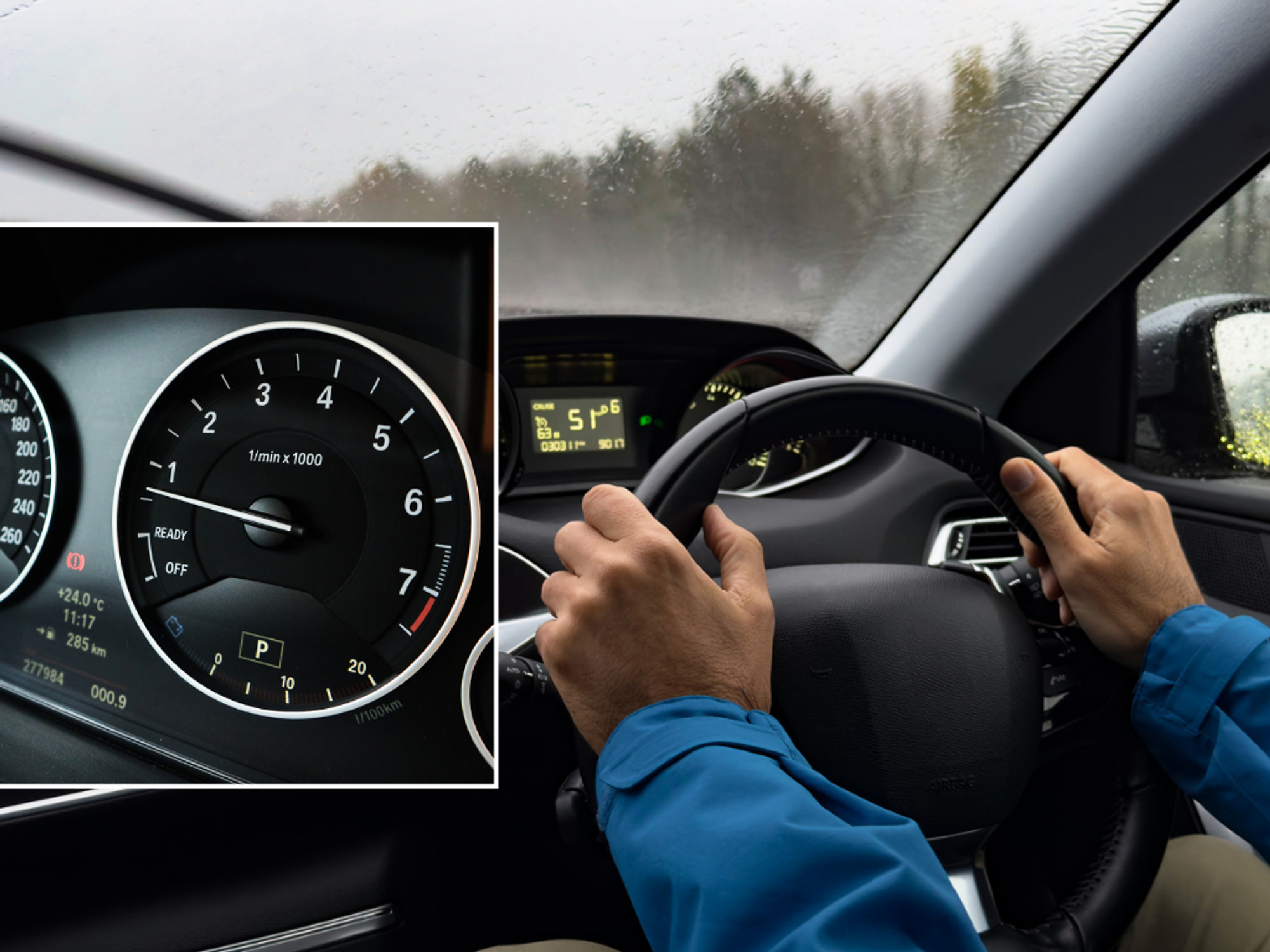 Speedometer and driver behind car