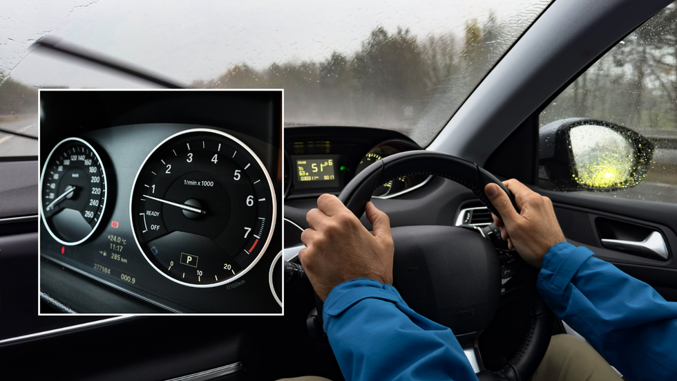 Speedometer and driver behind car