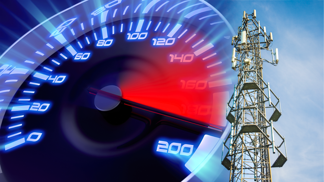 speedometre showing the top download speed with a mast for mobile signal