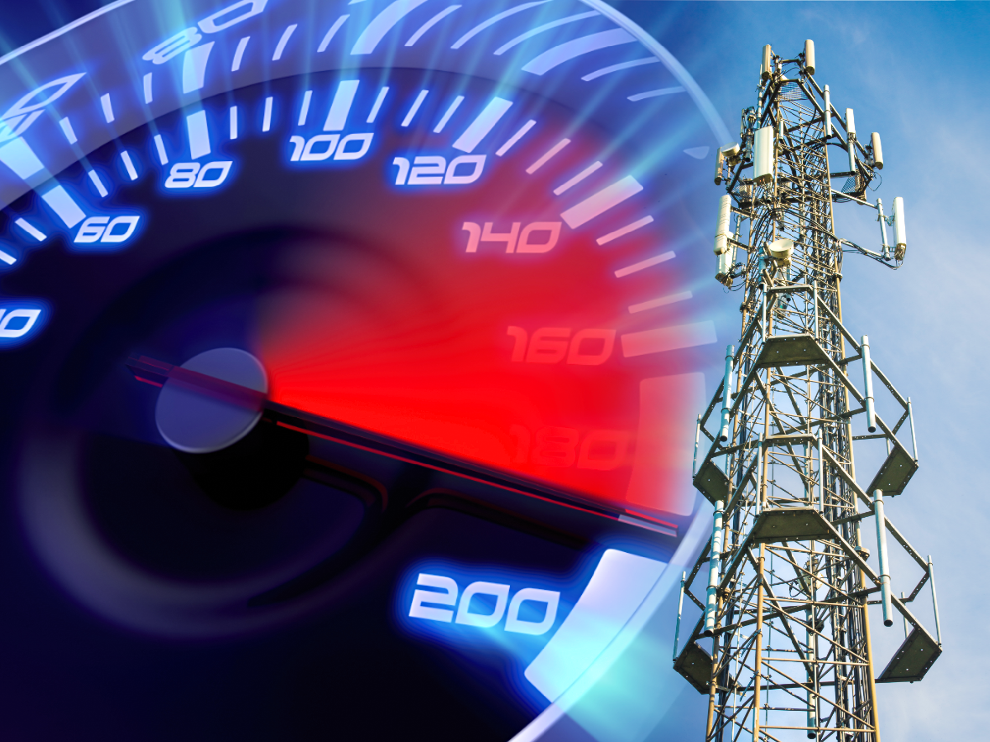 speedometre showing the top download speed with a mast for mobile signal