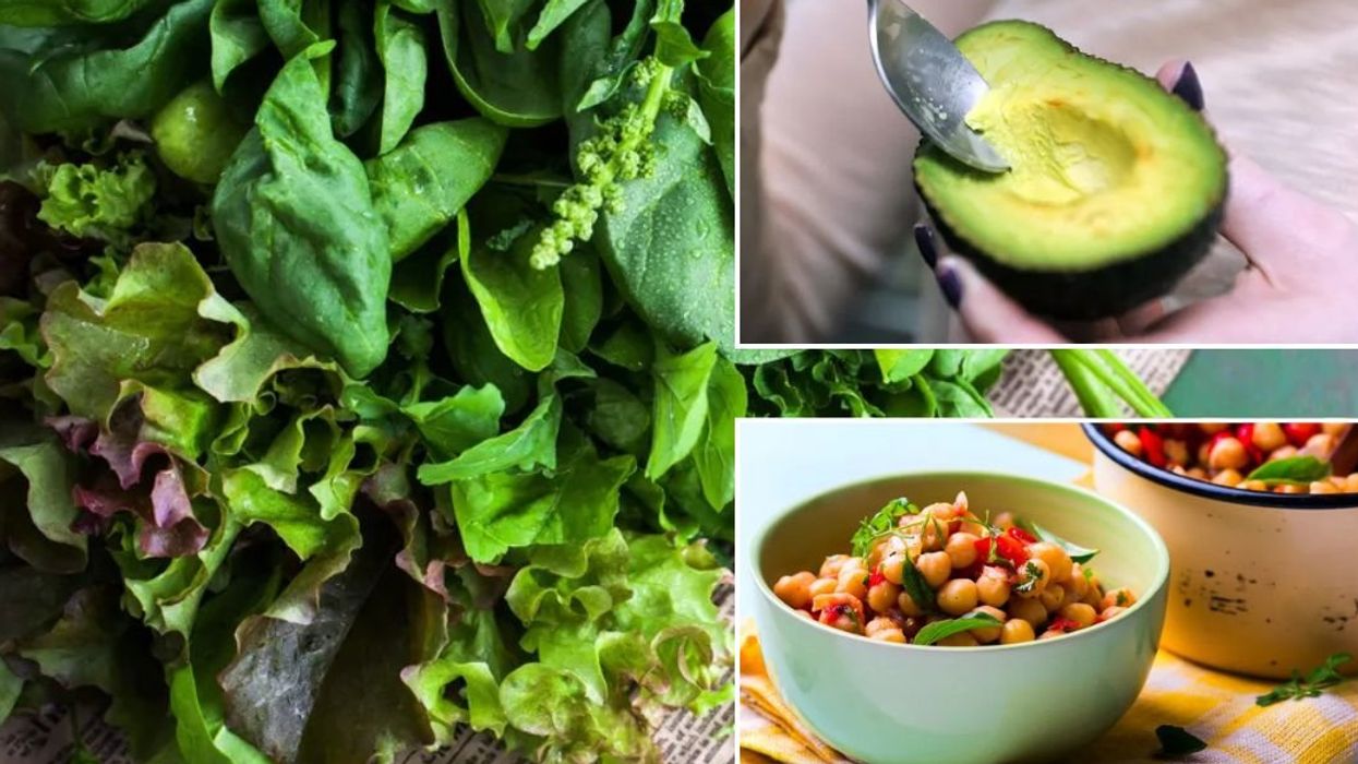 Spinach and rocket / Woman eating avocado / Bowl of chickpeas