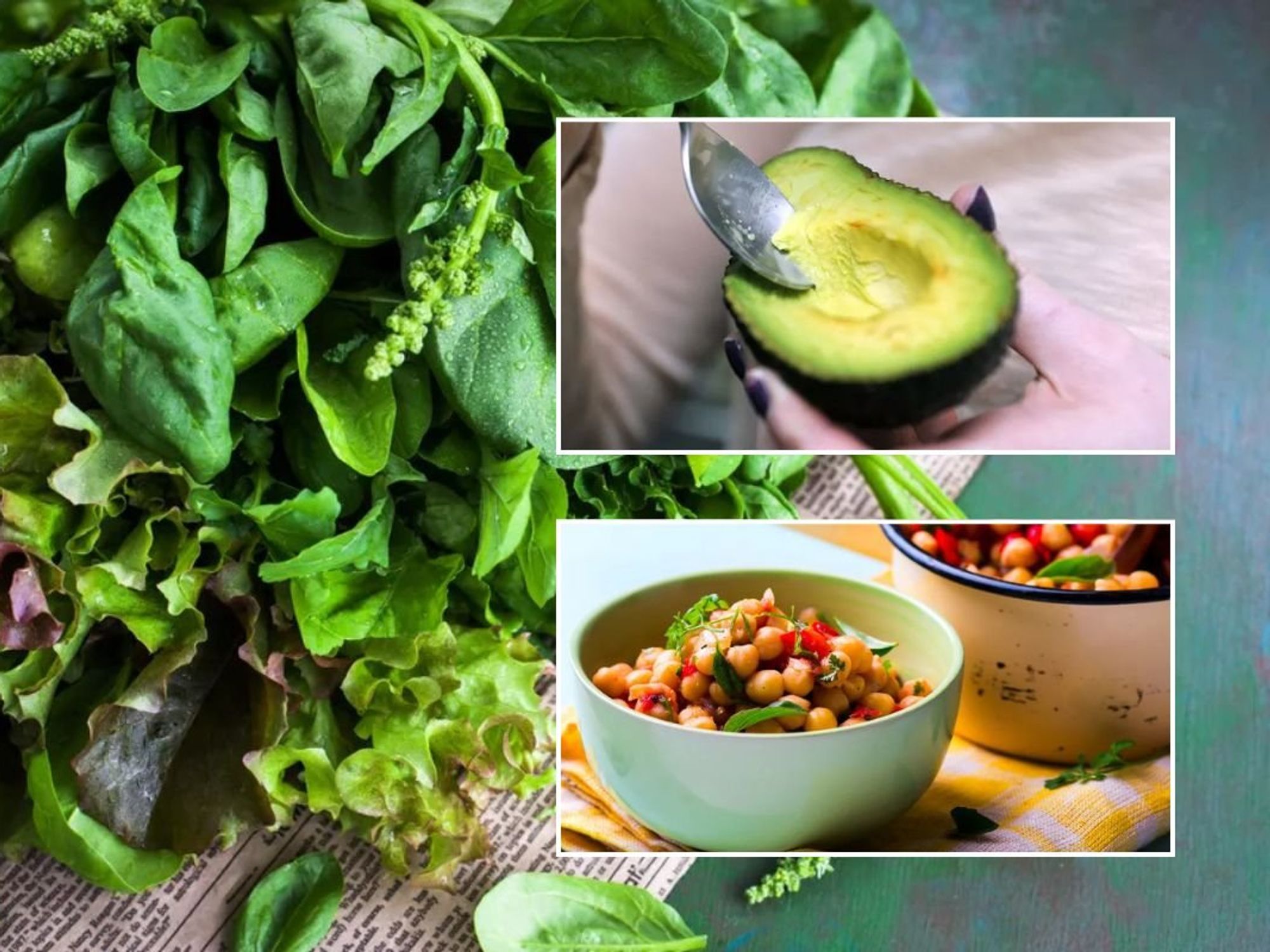Spinach and rocket / Woman eating avocado / Bowl of chickpeas