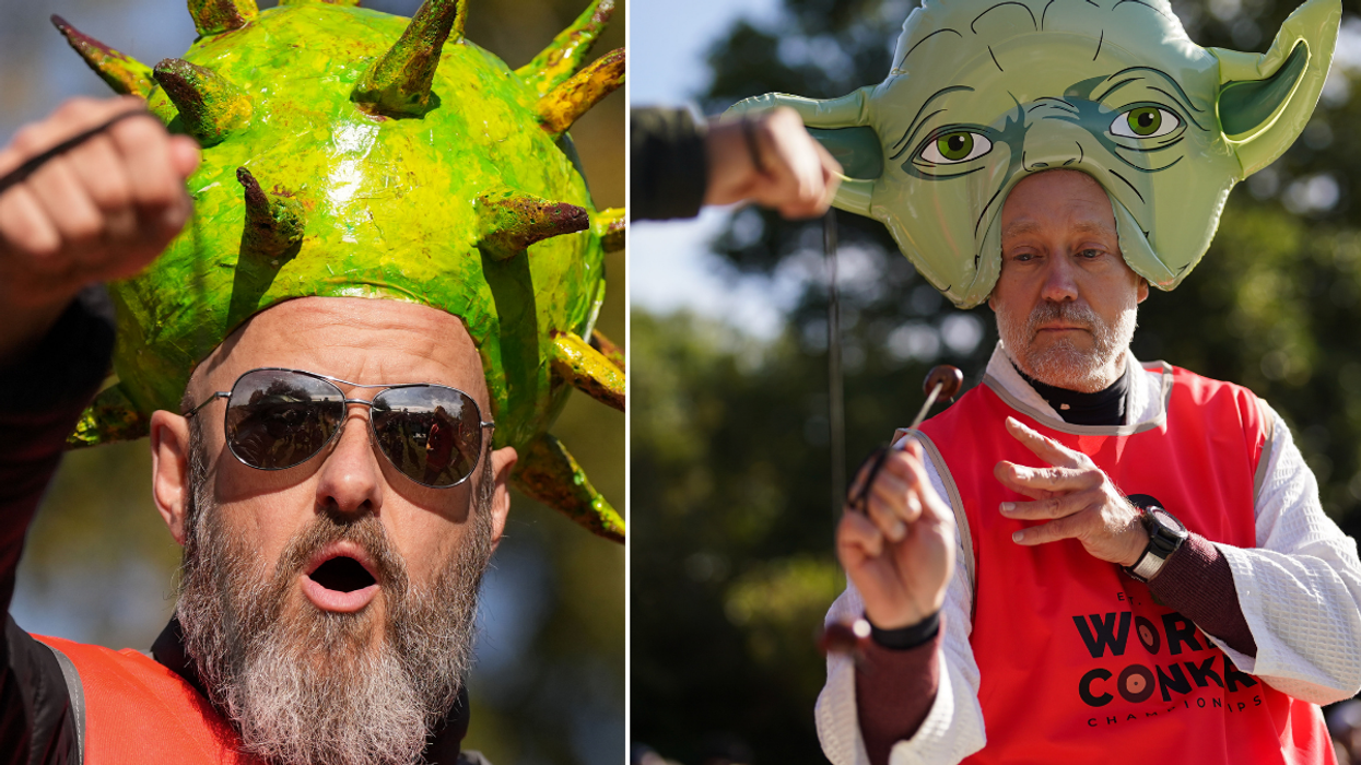 Split image of one participant wearing a chestnut-style hat while another wears a Yoda inflatable headpiece