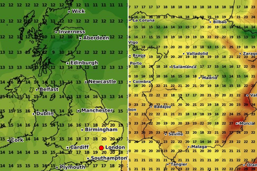Split image of two maps showing temperatures in the UK and Spain