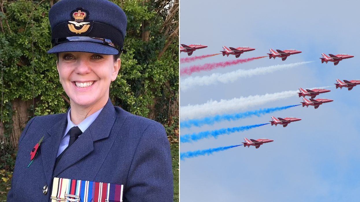Split image with Squadron Leader Anne Rubery alongside image of the Red Arrows