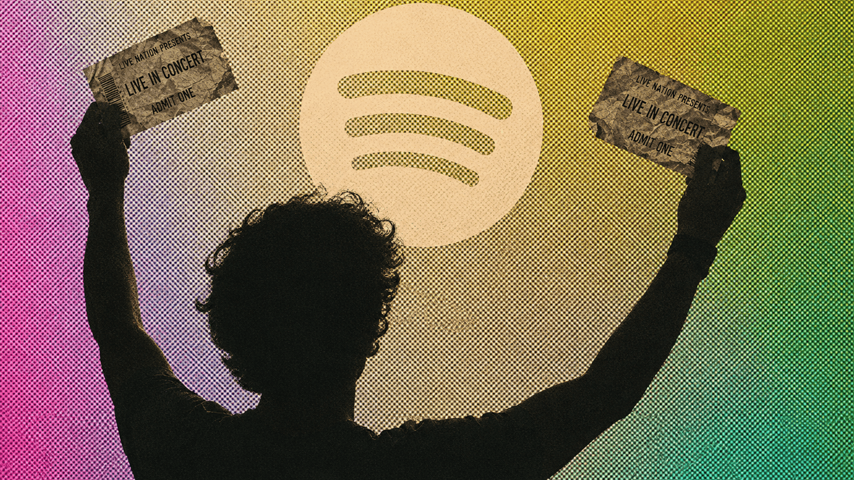 Spotify logo with person holding up concert tickets